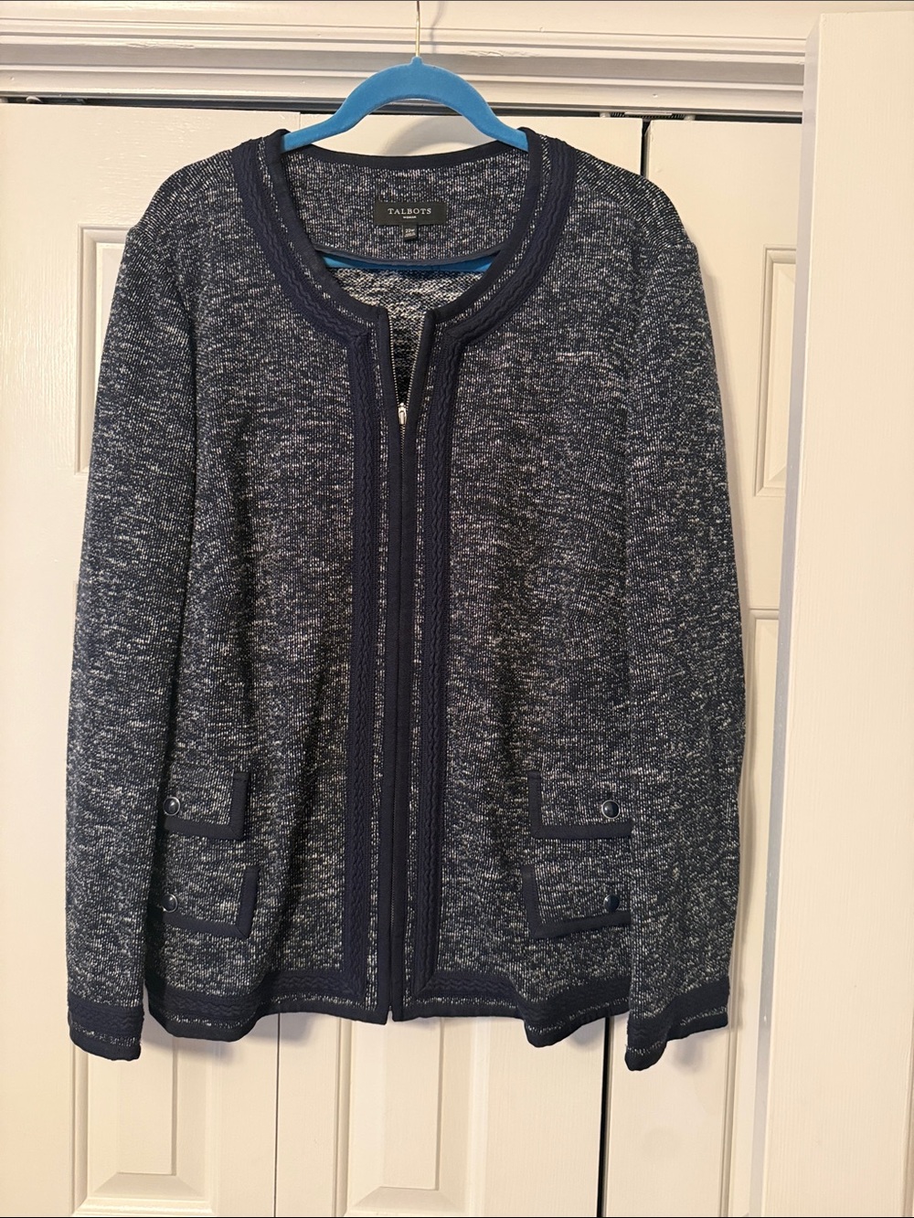 Talbots Woman Navy and White Marled Knit Cardigan